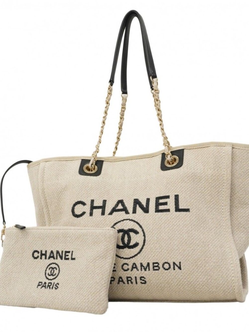 Chanel Tote Deauville Canvas Gray Black Champagne Gold